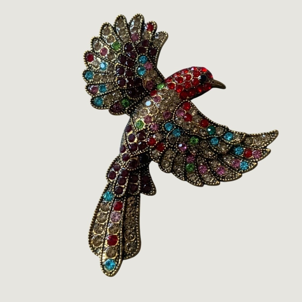 Vintage Style Multi Color Rhinestone Bird Brooch Gold Tone Flying Phoenix Pin